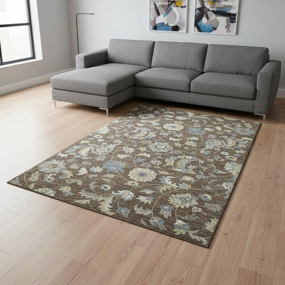HomeRoots 8' X 10' Washable Floral Area Rug in Chocolate, Blue & Beige - UV Protected for Busy Homes 678968