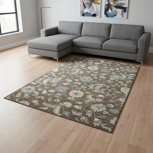 HomeRoots 8' X 10' Washable Floral Area Rug in Chocolate, Blue & Beige - UV Protected for Busy Homes 678968
