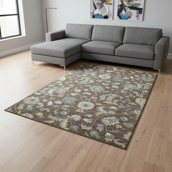 HomeRoots 8' X 10' Washable Floral Area Rug in Chocolate, Blue & Beige - UV Protected for Busy Homes 678968