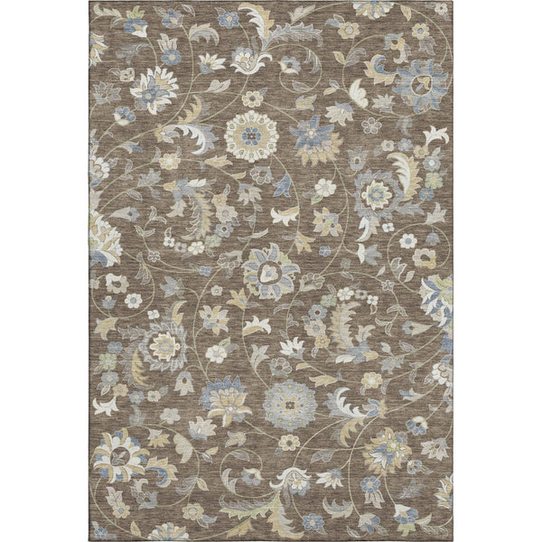 HomeRoots 8' X 10' Washable Floral Area Rug in Chocolate, Blue & Beige - UV Protected for Busy Homes 678968
