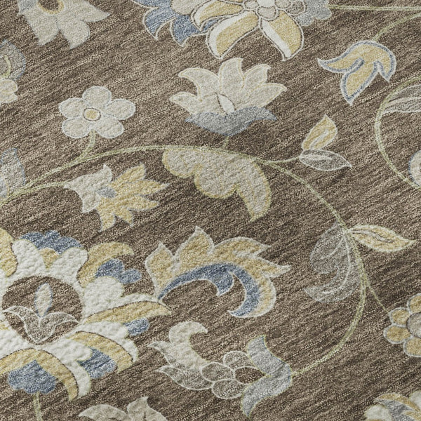 HomeRoots 8' X 10' Washable Floral Area Rug in Chocolate, Blue & Beige - UV Protected for Busy Homes 678968