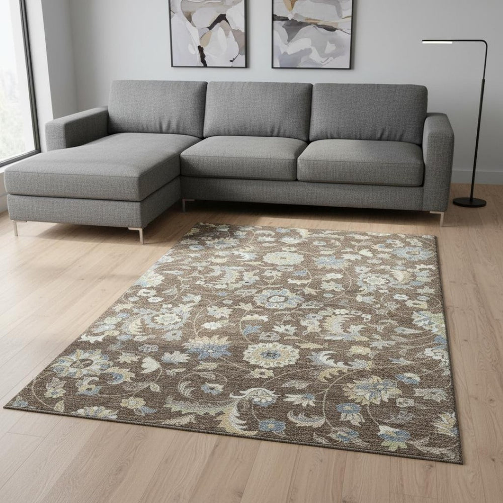 HomeRoots 9' X 12' Washable Floral Area Rug in Chocolate, Blue & Beige – Durable, UV-Protected, Pet-Friendly Design 678969