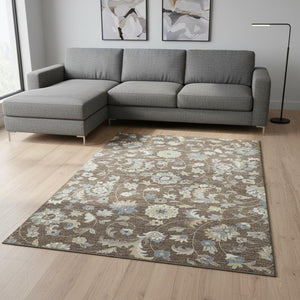 HomeRoots 9' X 12' Washable Floral Area Rug in Chocolate, Blue & Beige – Durable, UV-Protected, Pet-Friendly Design 678969