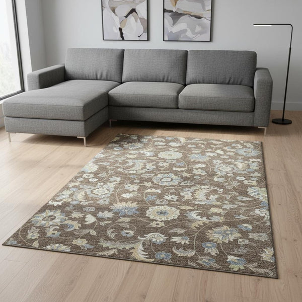 HomeRoots 9' X 12' Washable Floral Area Rug in Chocolate, Blue & Beige – Durable, UV-Protected, Pet-Friendly Design 678969