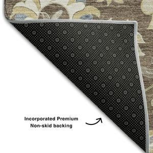 HomeRoots 9' X 12' Washable Floral Area Rug in Chocolate, Blue & Beige – Durable, UV-Protected, Pet-Friendly Design 678969