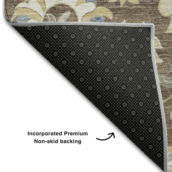 HomeRoots 9' X 12' Washable Floral Area Rug in Chocolate, Blue & Beige – Durable, UV-Protected, Pet-Friendly Design 678969