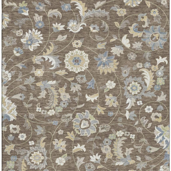 HomeRoots 9' X 12' Washable Floral Area Rug in Chocolate, Blue & Beige – Durable, UV-Protected, Pet-Friendly Design 678969