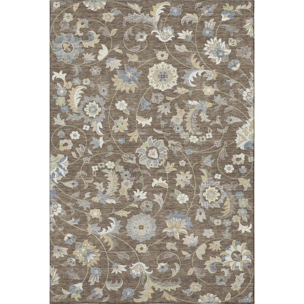 HomeRoots 9' X 12' Washable Floral Area Rug in Chocolate, Blue & Beige – Durable, UV-Protected, Pet-Friendly Design 678969