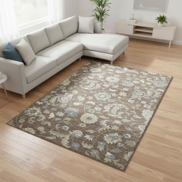 HomeRoots 10' X 14' Floral Area Rug in Chocolate, Blue & Beige - Washable, UV-Protected, Easy-Care Charm 678970