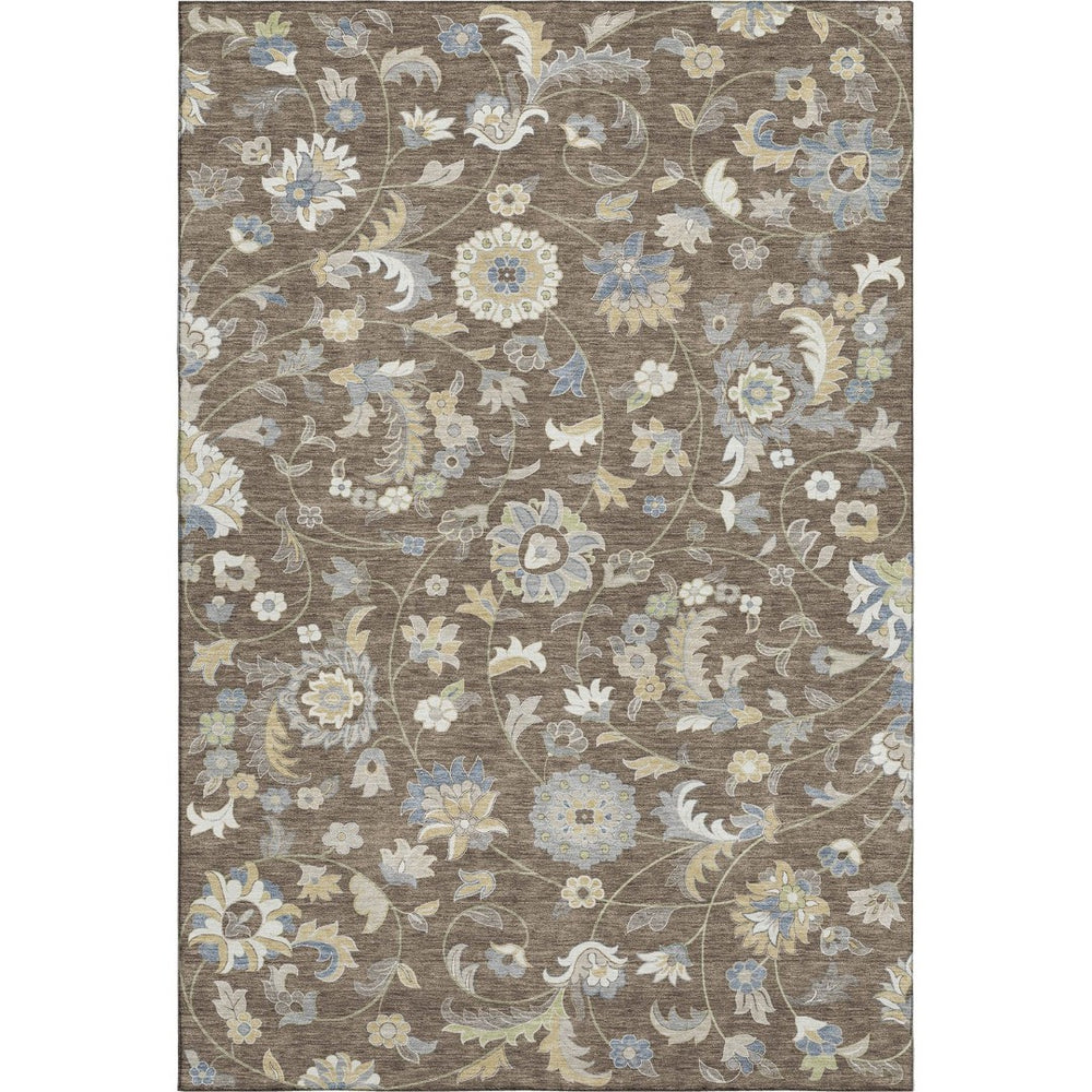 HomeRoots 10' X 14' Floral Area Rug in Chocolate, Blue & Beige - Washable, UV-Protected, Easy-Care Charm 678970