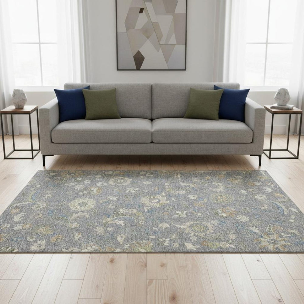 HomeRoots 5' X 8' Stylish Gray, Copper & Blue Floral Area Rug - Washable, UV-Protected for High-Traffic Spaces 678972