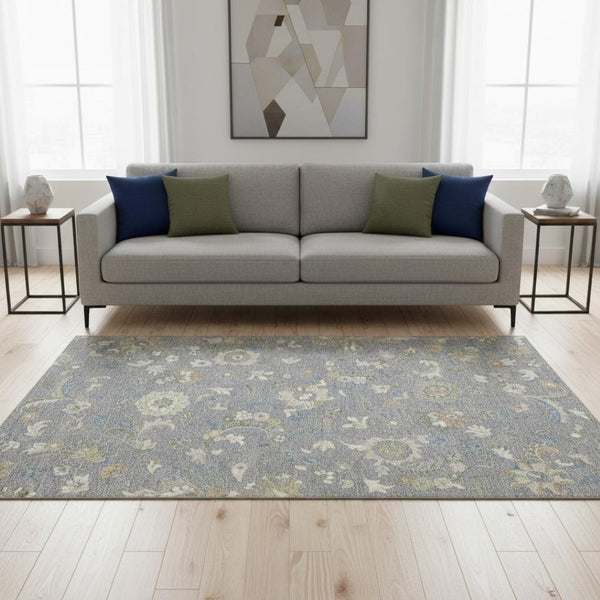 HomeRoots 5' X 8' Stylish Gray, Copper & Blue Floral Area Rug - Washable, UV-Protected for High-Traffic Spaces 678972