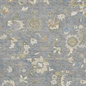 HomeRoots 5' X 8' Stylish Gray, Copper & Blue Floral Area Rug - Washable, UV-Protected for High-Traffic Spaces 678972