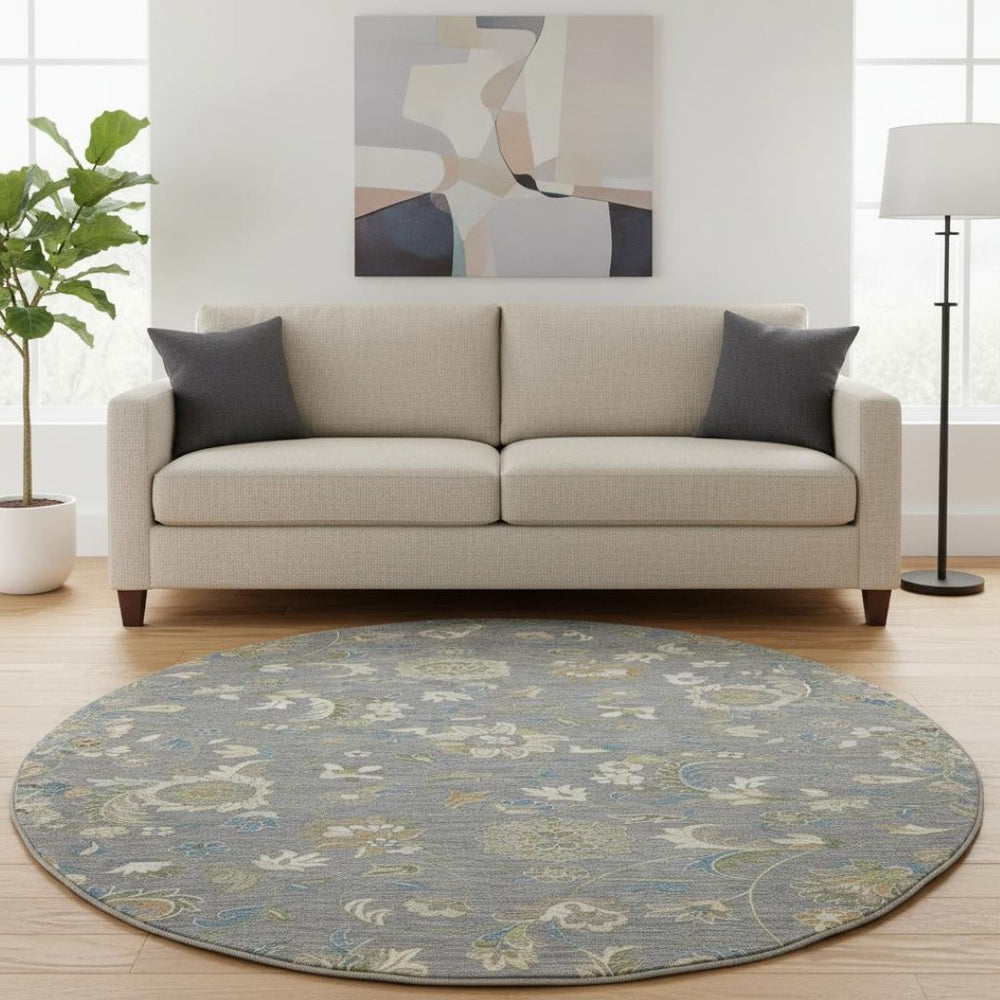 HomeRoots 8' Elegant Gray Copper and Blue Floral Round Rug - Durable, Washable, UV-Protected for Homes 678973