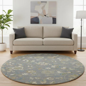 HomeRoots 8' Elegant Gray Copper and Blue Floral Round Rug - Durable, Washable, UV-Protected for Homes 678973