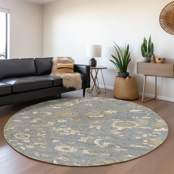 HomeRoots 8' Elegant Gray Copper and Blue Floral Round Rug - Durable, Washable, UV-Protected for Homes 678973
