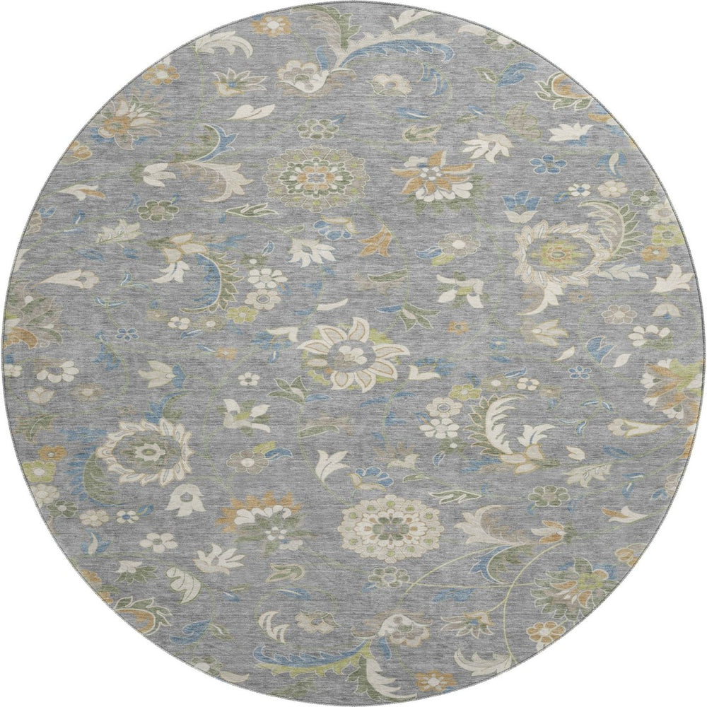 HomeRoots 8' Elegant Gray Copper and Blue Floral Round Rug - Durable, Washable, UV-Protected for Homes 678973