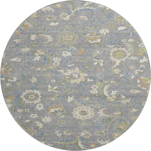 HomeRoots 8' Elegant Gray Copper and Blue Floral Round Rug - Durable, Washable, UV-Protected for Homes 678973