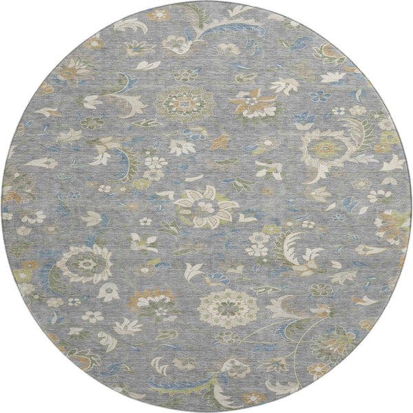 HomeRoots 8' Elegant Gray Copper and Blue Floral Round Rug - Durable, Washable, UV-Protected for Homes 678973