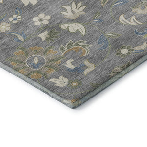 HomeRoots 8' Elegant Gray Copper and Blue Floral Round Rug - Durable, Washable, UV-Protected for Homes 678973