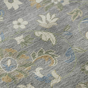 HomeRoots 8' Elegant Gray Copper and Blue Floral Round Rug - Durable, Washable, UV-Protected for Homes 678973