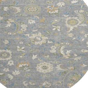 HomeRoots 8' Elegant Gray Copper and Blue Floral Round Rug - Durable, Washable, UV-Protected for Homes 678973
