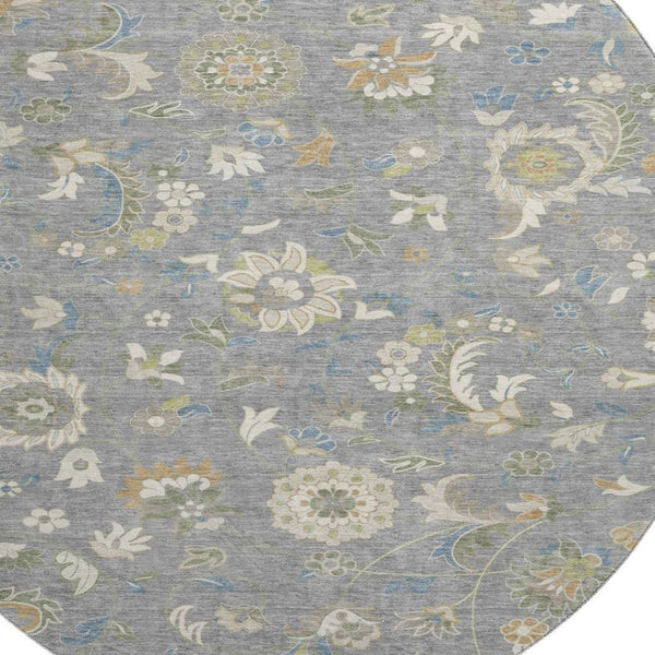 HomeRoots 8' Elegant Gray Copper and Blue Floral Round Rug - Durable, Washable, UV-Protected for Homes 678973