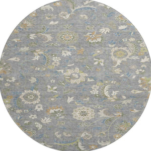 HomeRoots 8' Elegant Gray Copper and Blue Floral Round Rug - Durable, Washable, UV-Protected for Homes 678973