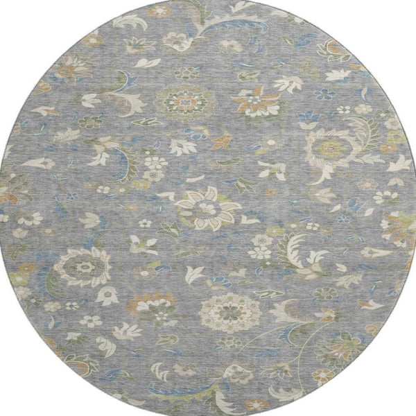 HomeRoots 8' Elegant Gray Copper and Blue Floral Round Rug - Durable, Washable, UV-Protected for Homes 678973