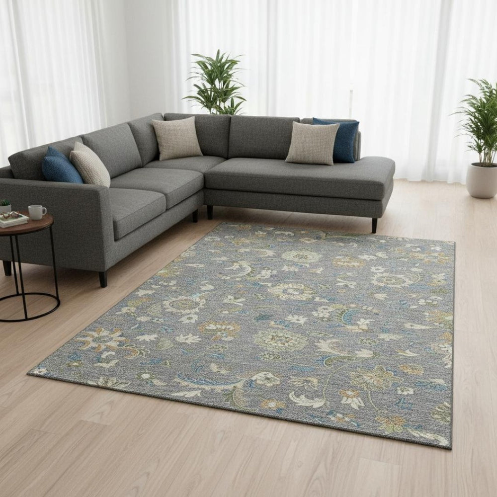 HomeRoots 8' X 10' Washable Gray Copper & Blue Floral Area Rug - Stain & UV Resistant for High-Traffic Spaces 678974