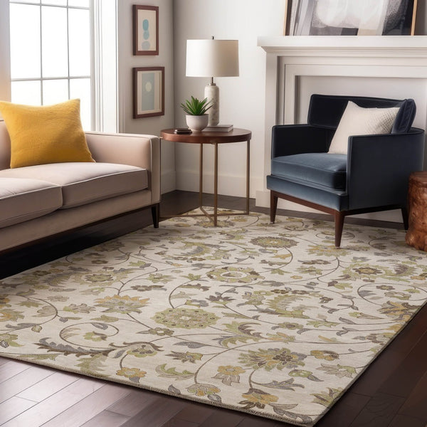 HomeRoots 5' X 8' Washable Ivory Floral Area Rug with Copper Gray Design, UV Protection & Stain Resistance 678978
