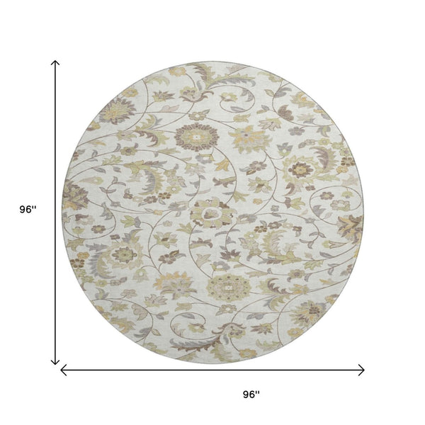 HomeRoots 8' Ivory Copper and Gray Floral Washable Round Rug - Durable, UV-Protected Elegance for Any Space! 678979