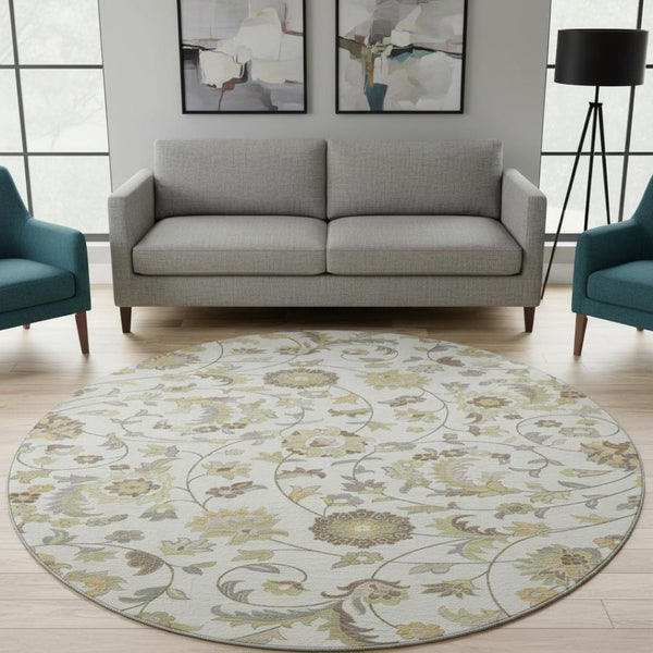 HomeRoots 8' Ivory Copper and Gray Floral Washable Round Rug - Durable, UV-Protected Elegance for Any Space! 678979
