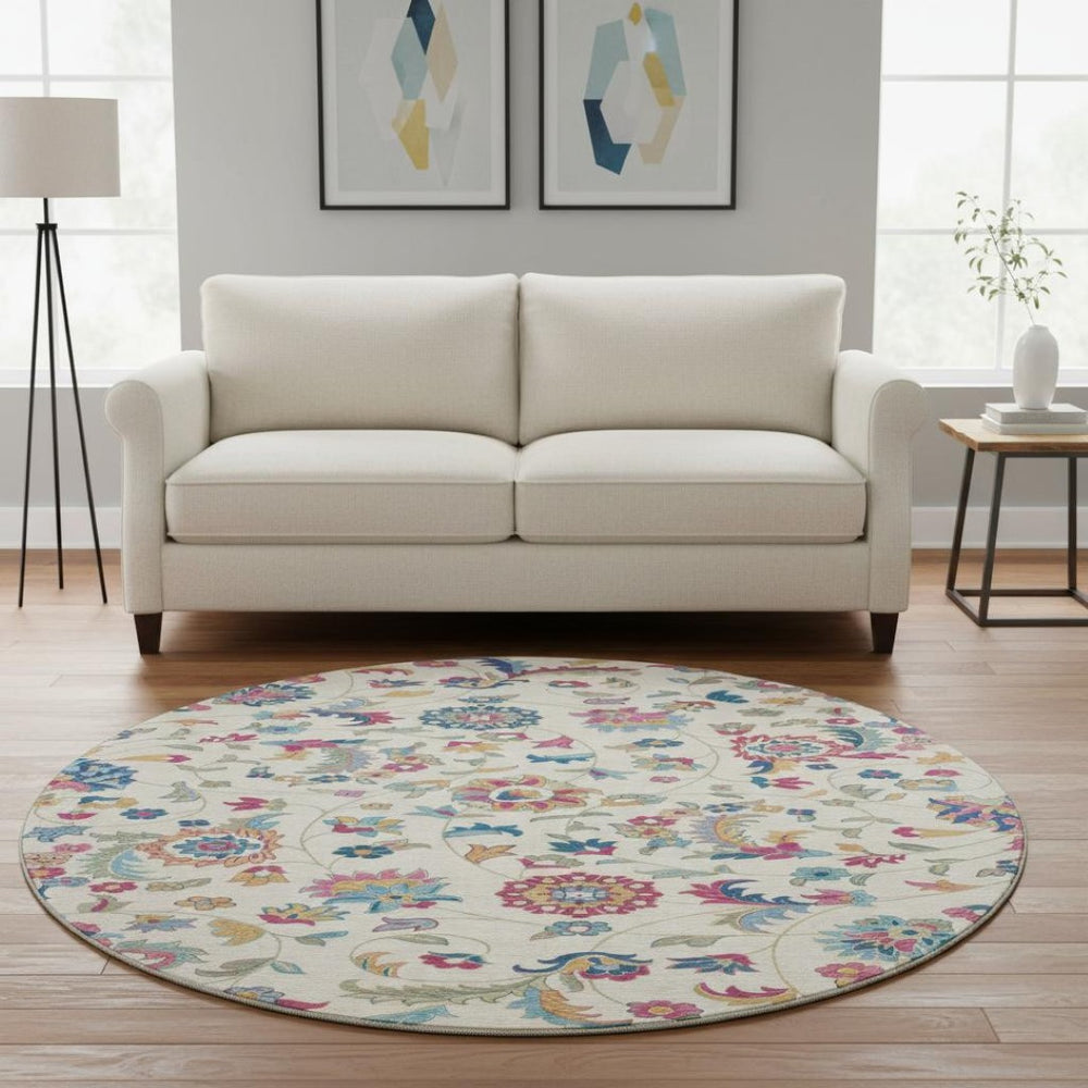 HomeRoots 8' Washable Pink and Blue Floral Round Rug with UV Protection - Perfect for Busy Homes & Decor! 678985