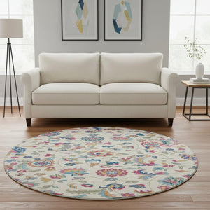 HomeRoots 8' Washable Pink and Blue Floral Round Rug with UV Protection - Perfect for Busy Homes & Decor! 678985