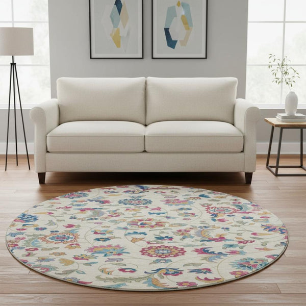HomeRoots 8' Washable Pink and Blue Floral Round Rug with UV Protection - Perfect for Busy Homes & Decor! 678985