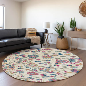 HomeRoots 8' Washable Pink and Blue Floral Round Rug with UV Protection - Perfect for Busy Homes & Decor! 678985