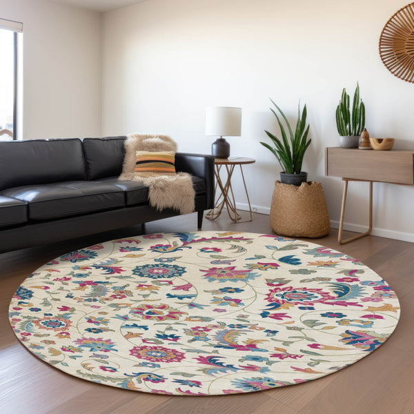 HomeRoots 8' Washable Pink and Blue Floral Round Rug with UV Protection - Perfect for Busy Homes & Decor! 678985