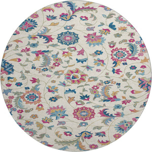 HomeRoots 8' Washable Pink and Blue Floral Round Rug with UV Protection - Perfect for Busy Homes & Decor! 678985