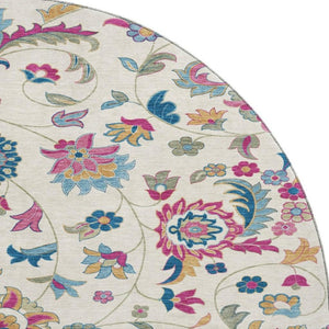 HomeRoots 8' Washable Pink and Blue Floral Round Rug with UV Protection - Perfect for Busy Homes & Decor! 678985