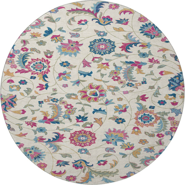 HomeRoots 8' Washable Pink and Blue Floral Round Rug with UV Protection - Perfect for Busy Homes & Decor! 678985