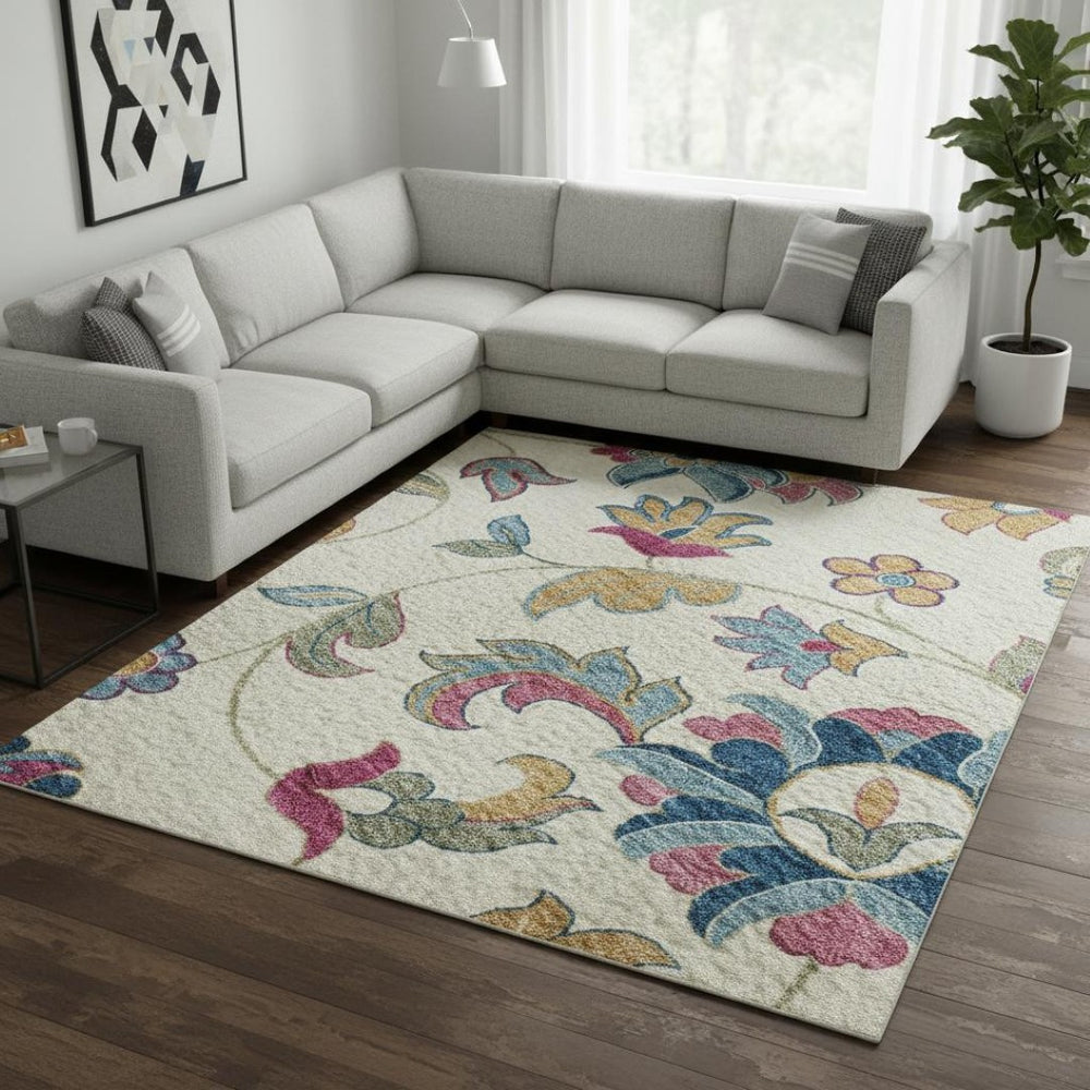 HomeRoots 8' X 10' Floral Pink and Blue Washable Area Rug – Durable, UV-Protected, Stain-Resistant Beauty! 678986