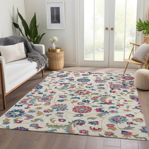 HomeRoots 8' X 10' Floral Pink and Blue Washable Area Rug – Durable, UV-Protected, Stain-Resistant Beauty! 678986