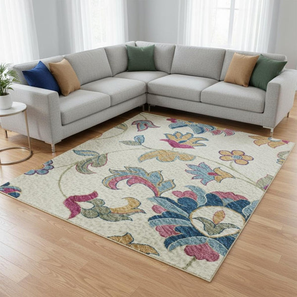 HomeRoots 9' X 12' Floral Area Rug in Pink and Blue - Washable, UV Protected, Stain-Resistant & Pet-Friendly! 678987