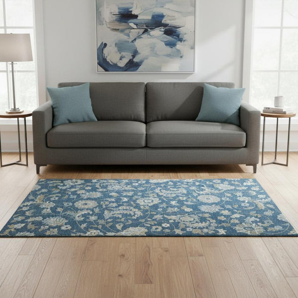 HomeRoots 5' X 8' Navy Blue Ivory Floral Area Rug - Washable, Durable, UV-Protected, Perfect for Homes 678990