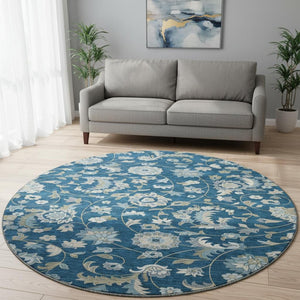HomeRoots 8' Navy Blue Ivory & Beige Floral Round Washable Rug - Durable, UV-Protected, Ideal for Busy Homes 678991