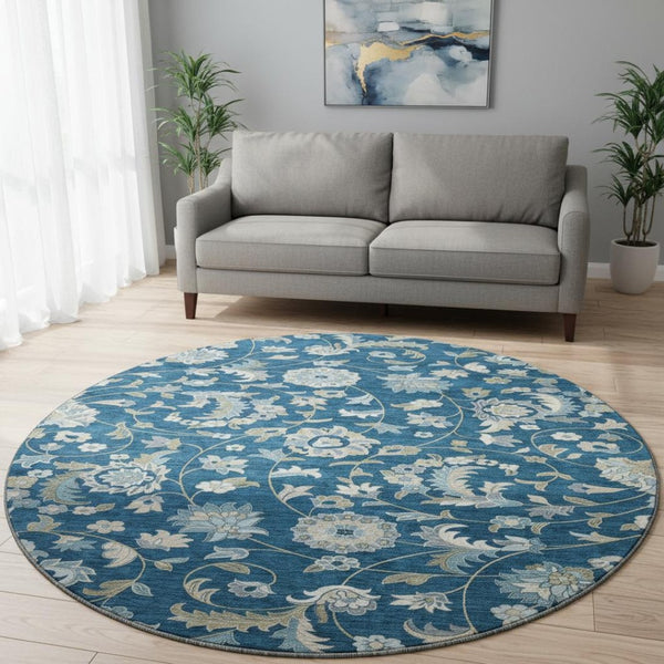 HomeRoots 8' Navy Blue Ivory & Beige Floral Round Washable Rug - Durable, UV-Protected, Ideal for Busy Homes 678991