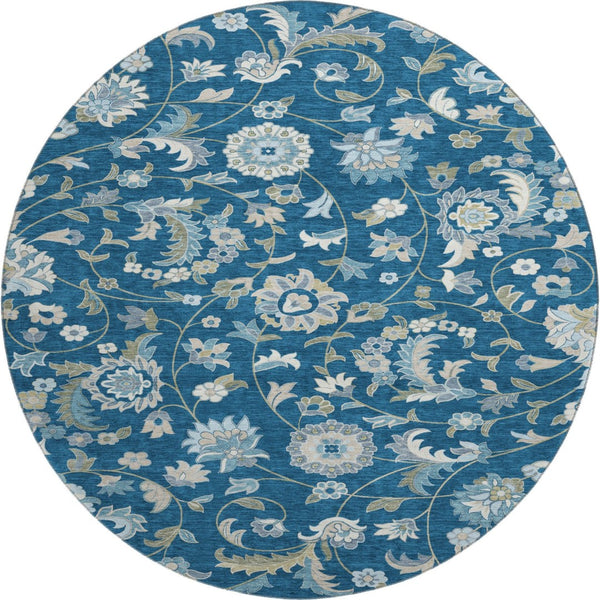 HomeRoots 8' Navy Blue Ivory & Beige Floral Round Washable Rug - Durable, UV-Protected, Ideal for Busy Homes 678991