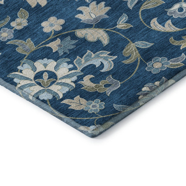 HomeRoots 8' Navy Blue Ivory & Beige Floral Round Washable Rug - Durable, UV-Protected, Ideal for Busy Homes 678991