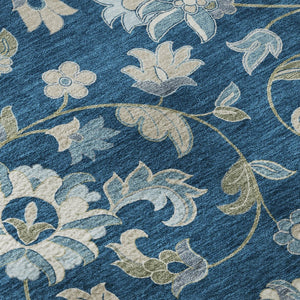 HomeRoots 8' Navy Blue Ivory & Beige Floral Round Washable Rug - Durable, UV-Protected, Ideal for Busy Homes 678991